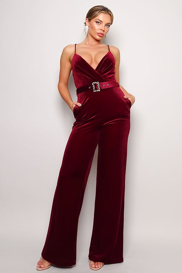 Samba Deep V Cami Strap Rhinestone Belt Velvet Wide-Leg Jumpsuit