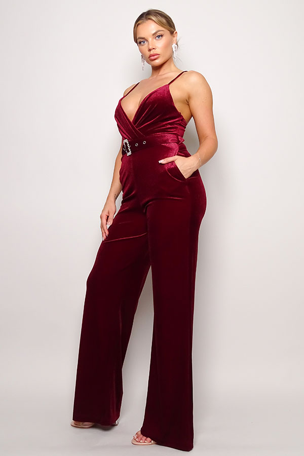 Samba Deep V Cami Strap Rhinestone Belt Velvet Wide-Leg Jumpsuit