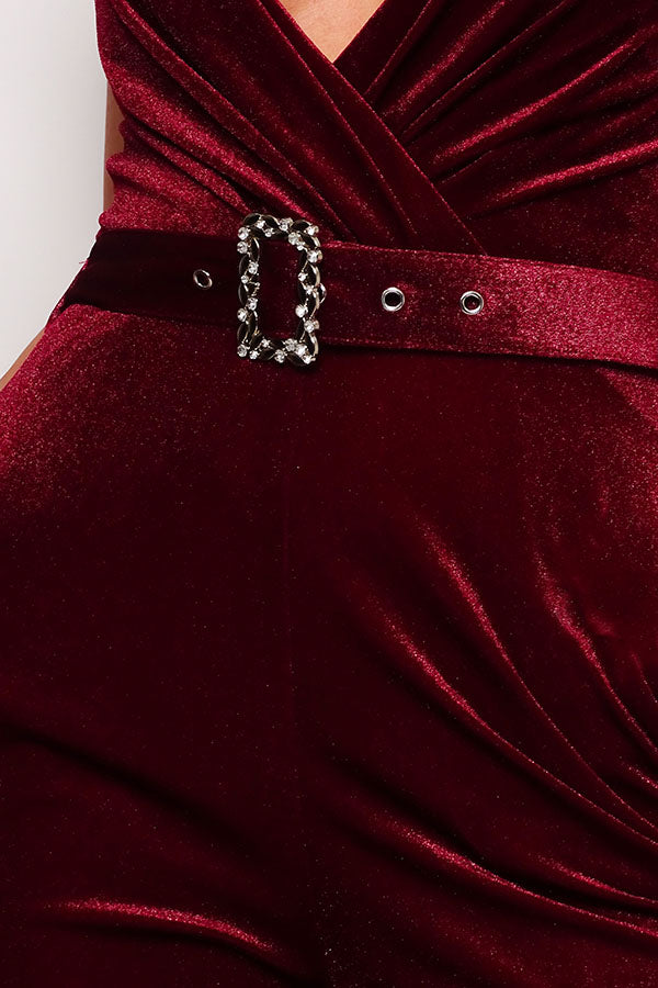 Samba Deep V Cami Strap Rhinestone Belt Velvet Wide-Leg Jumpsuit