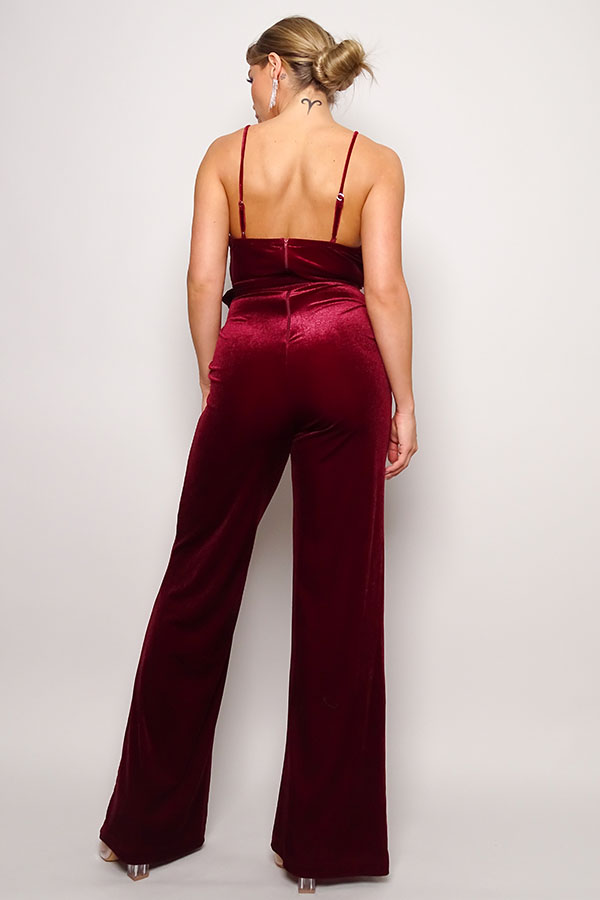Samba Deep V Cami Strap Rhinestone Belt Velvet Wide-Leg Jumpsuit