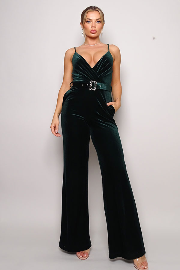 Samba Deep V Cami Strap Rhinestone Belt Velvet Wide-Leg Jumpsuit
