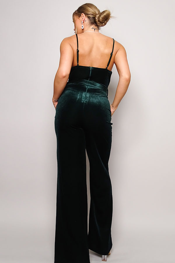 Samba Deep V Cami Strap Rhinestone Belt Velvet Wide-Leg Jumpsuit