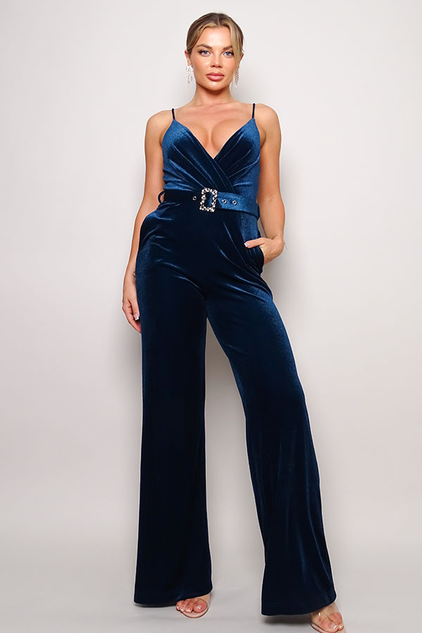 Samba Deep V Cami Strap Rhinestone Belt Velvet Wide-Leg Jumpsuit
