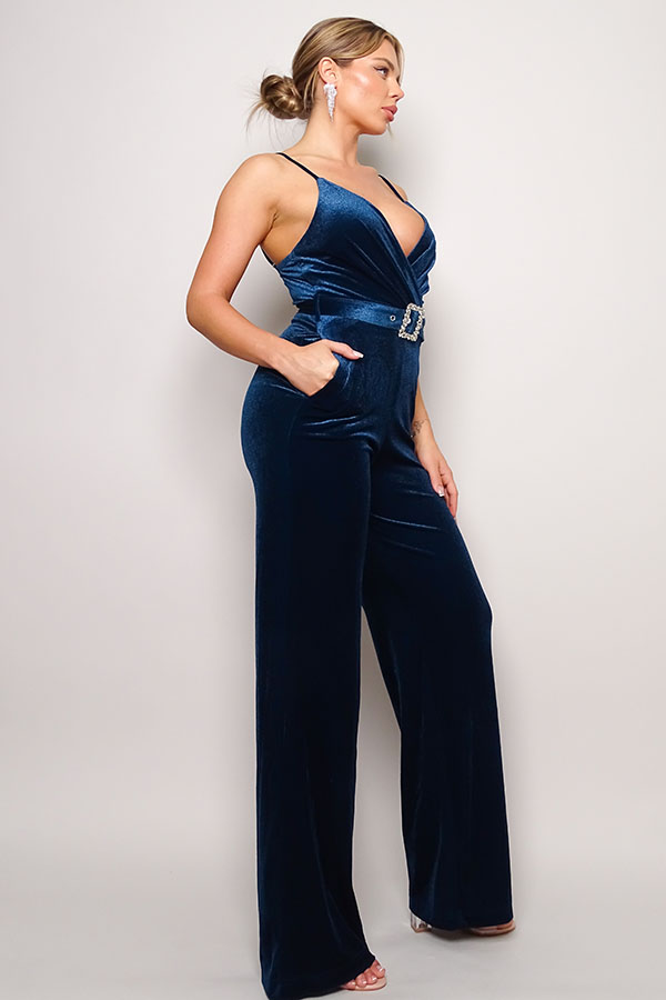 Samba Deep V Cami Strap Rhinestone Belt Velvet Wide-Leg Jumpsuit
