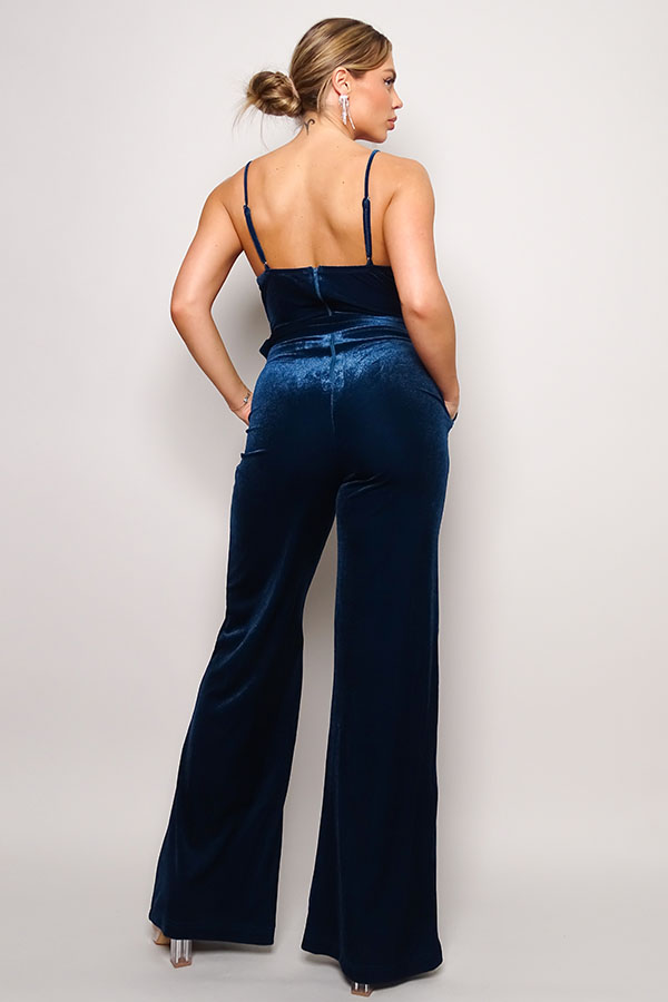 Samba Deep V Cami Strap Rhinestone Belt Velvet Wide-Leg Jumpsuit