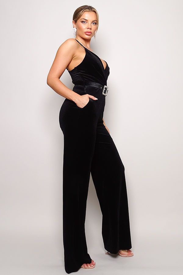 Samba Deep V Cami Strap Rhinestone Belt Velvet Wide-Leg Jumpsuit