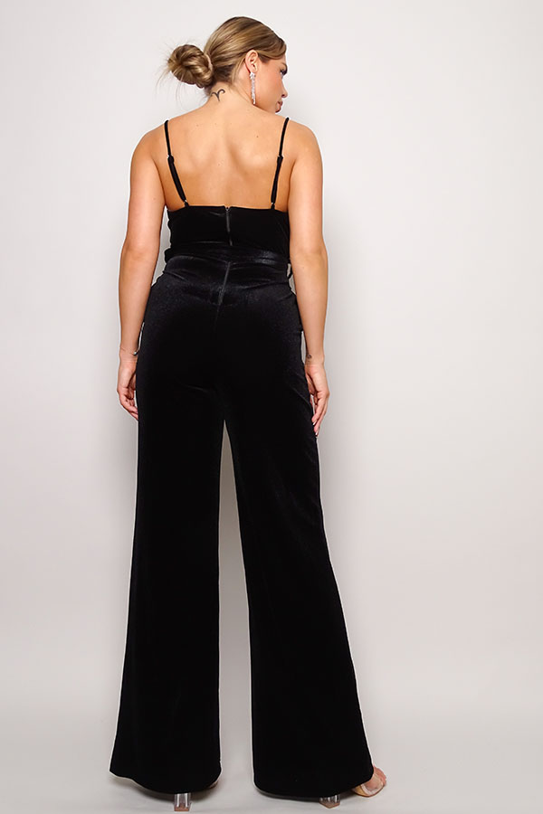 Samba Deep V Cami Strap Rhinestone Belt Velvet Wide-Leg Jumpsuit