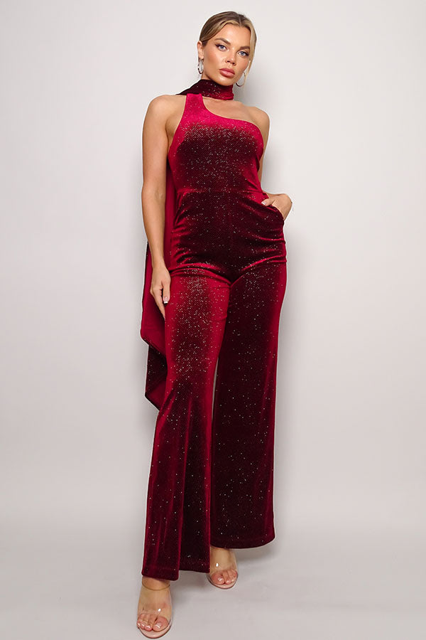 Orion Scarf Neckline Glitter Embelished Velvet Jumpsuit