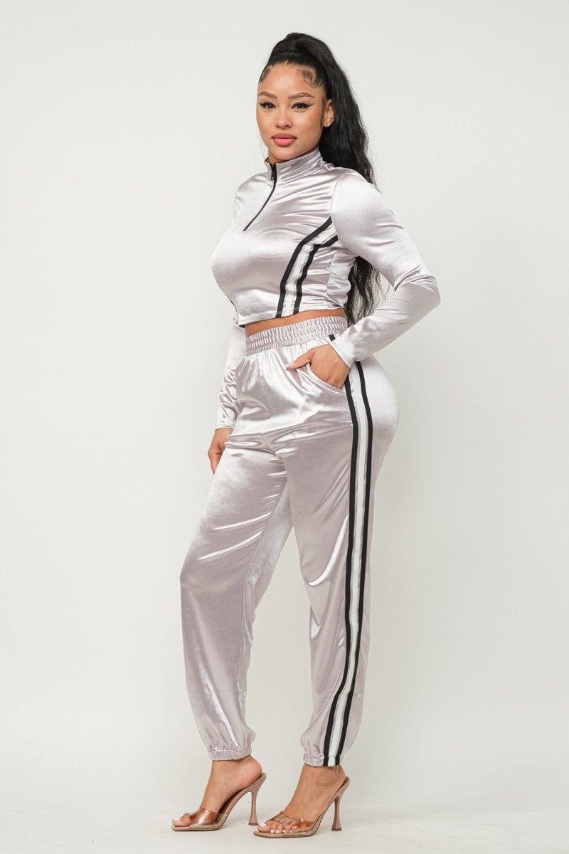 Casually Glam Two Piece Satin Jogger Set