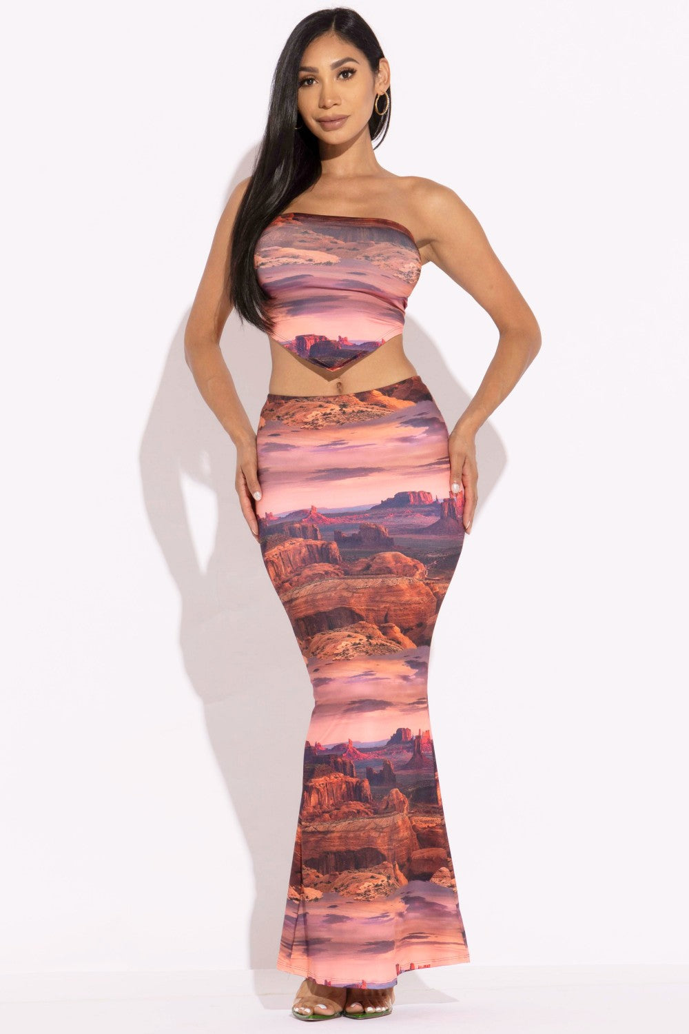 Sunkissed  Printed Mesh Two Piece Maxi Skirt Set