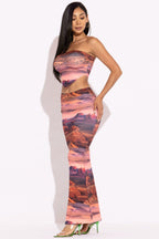 Sunkissed  Printed Mesh Two Piece Maxi Skirt Set