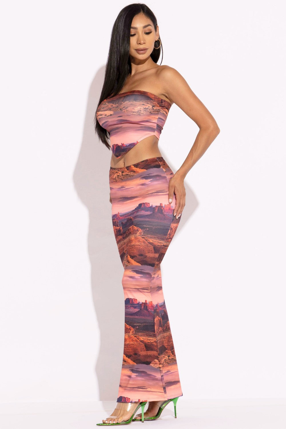 Sunkissed  Printed Mesh Two Piece Maxi Skirt Set