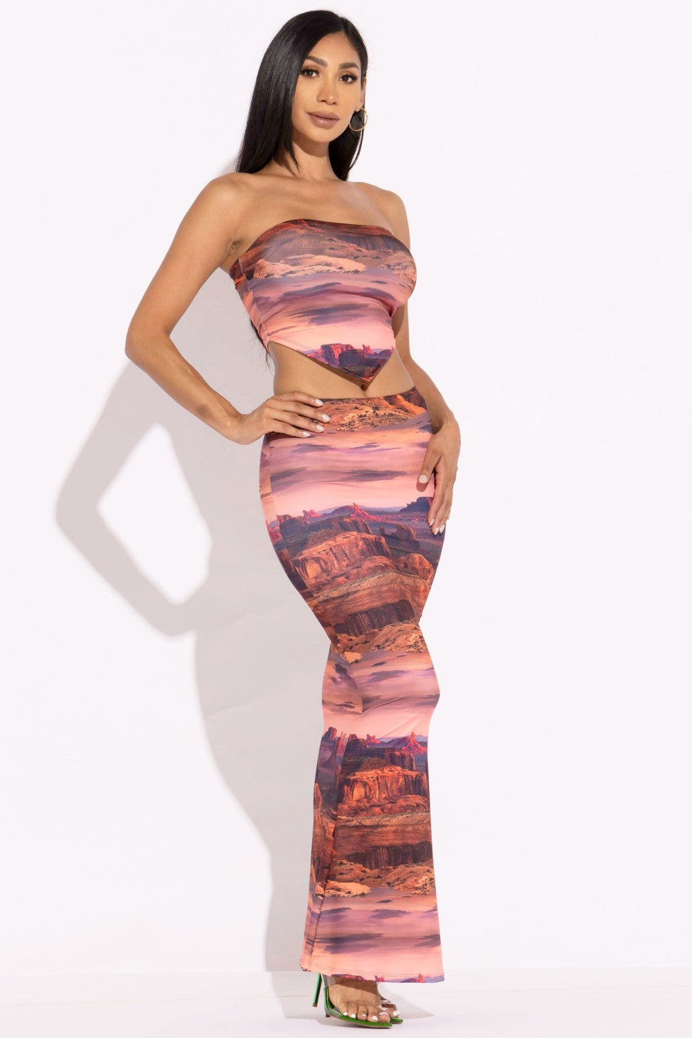 Sunkissed  Printed Mesh Two Piece Maxi Skirt Set