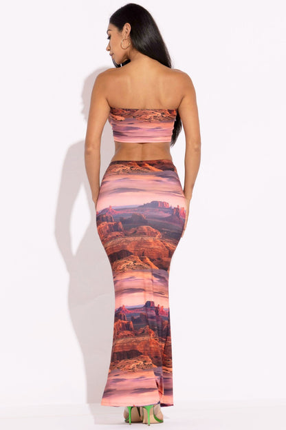 Sunkissed  Printed Mesh Two Piece Maxi Skirt Set