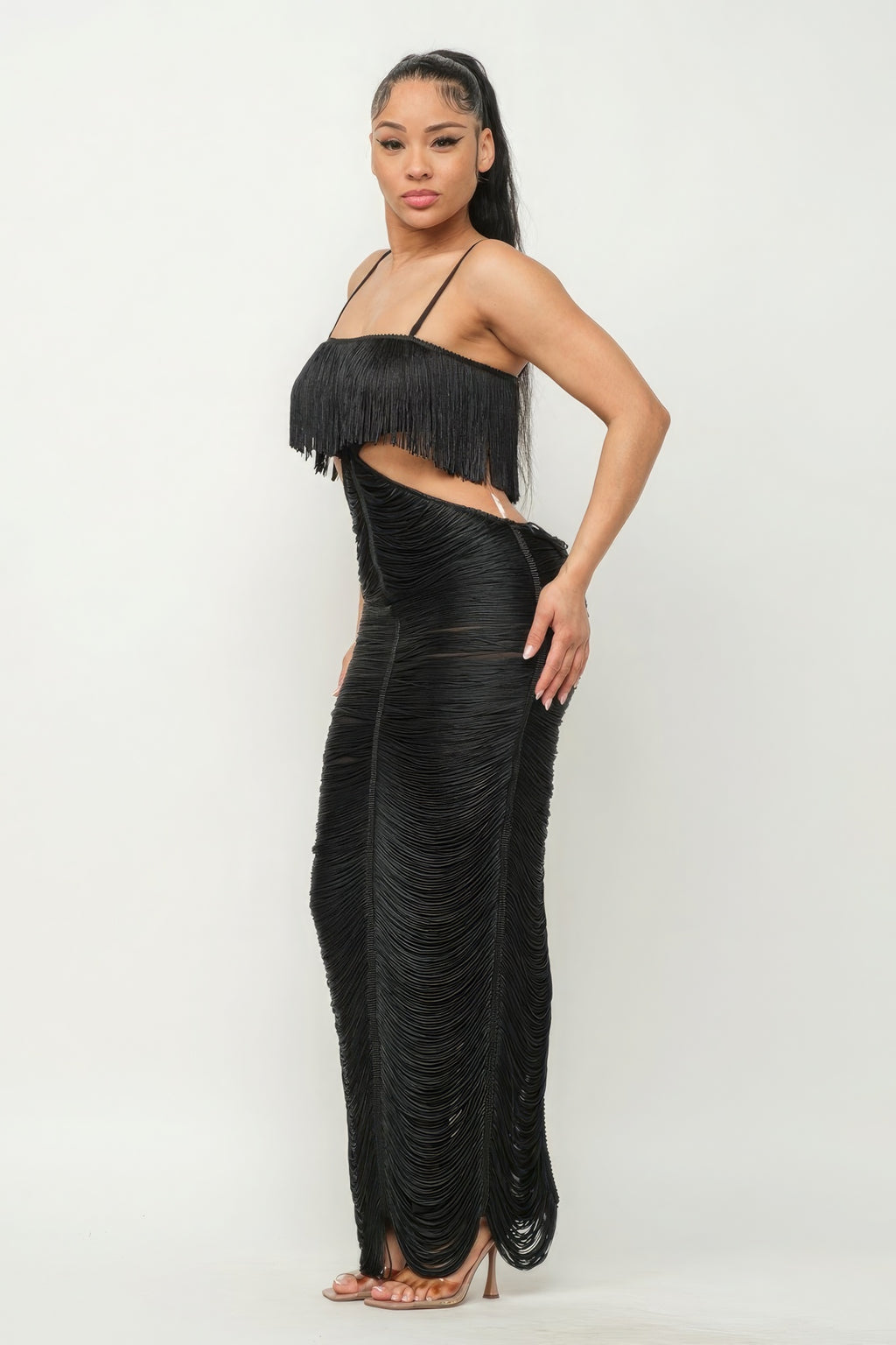 Sweet Karma Layered Fringe Cut Out Maxi Dress