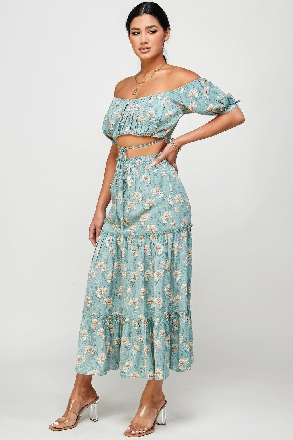 Flora Off Shoulder Cropped Top And Maxi Skirt Set