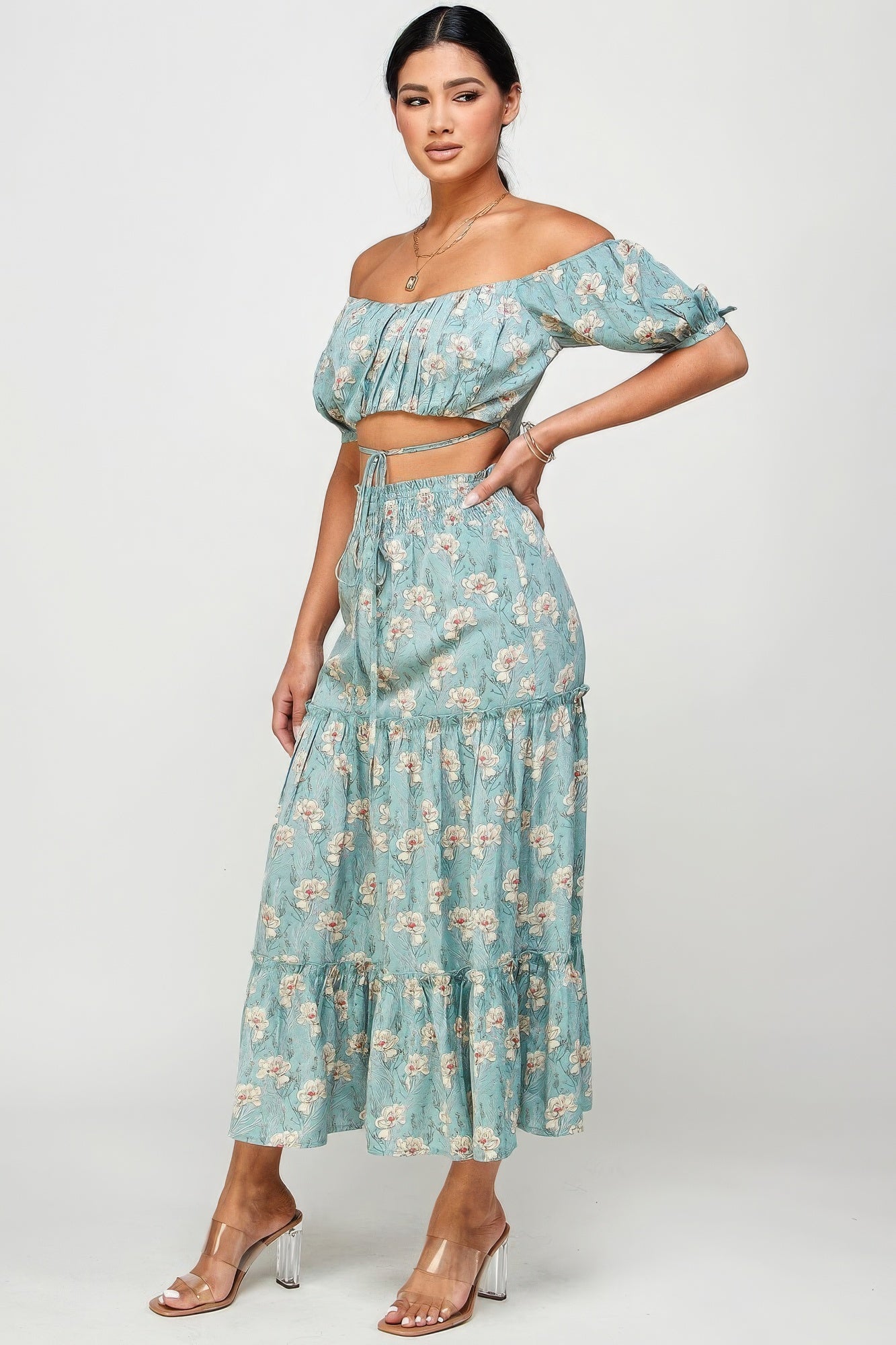 Flora Off Shoulder Cropped Top And Maxi Skirt Set