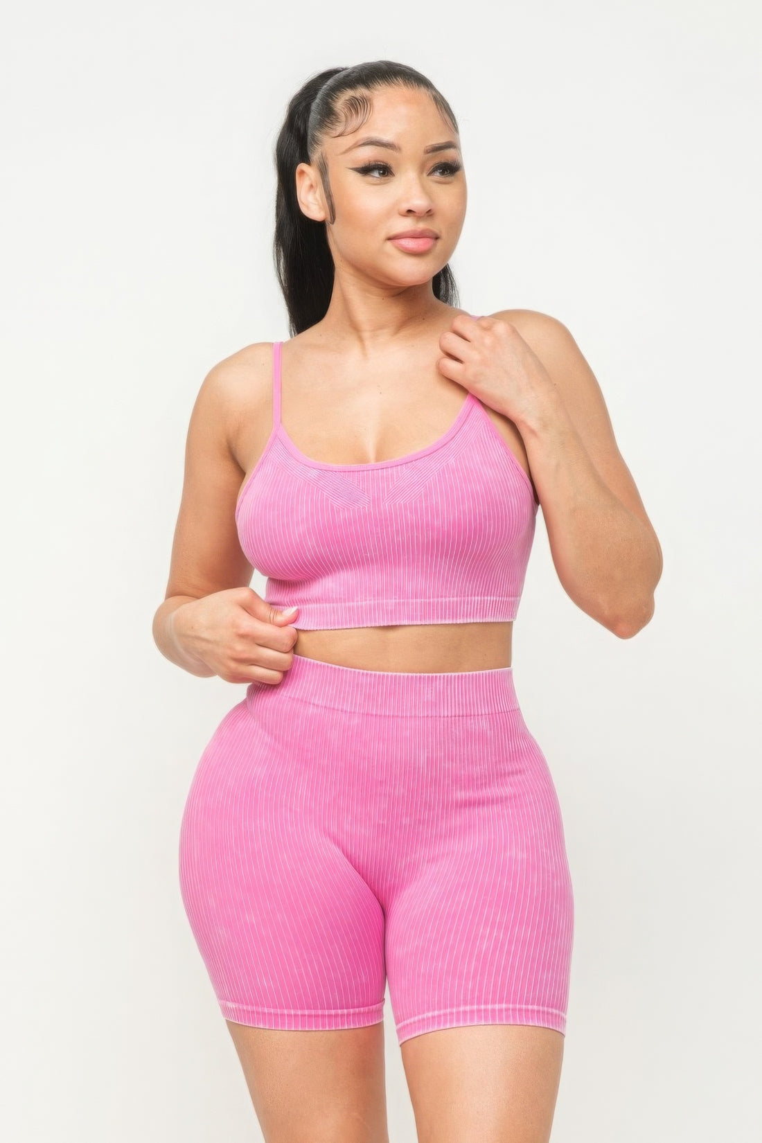 Comfy Peach Washed Seamless Basic Tank Top And Shorts Set
