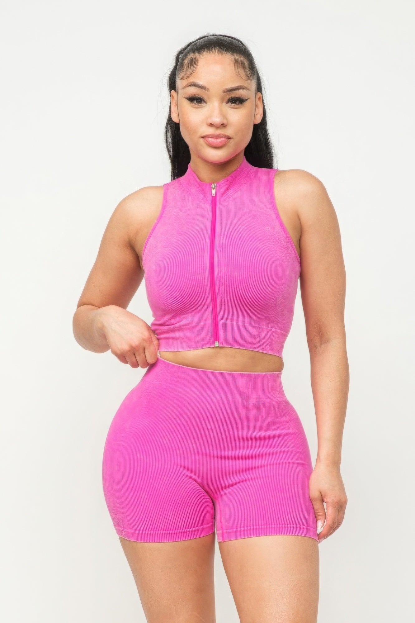 Comfy Peach Washed Seamless Zipper Top And Shorts Set