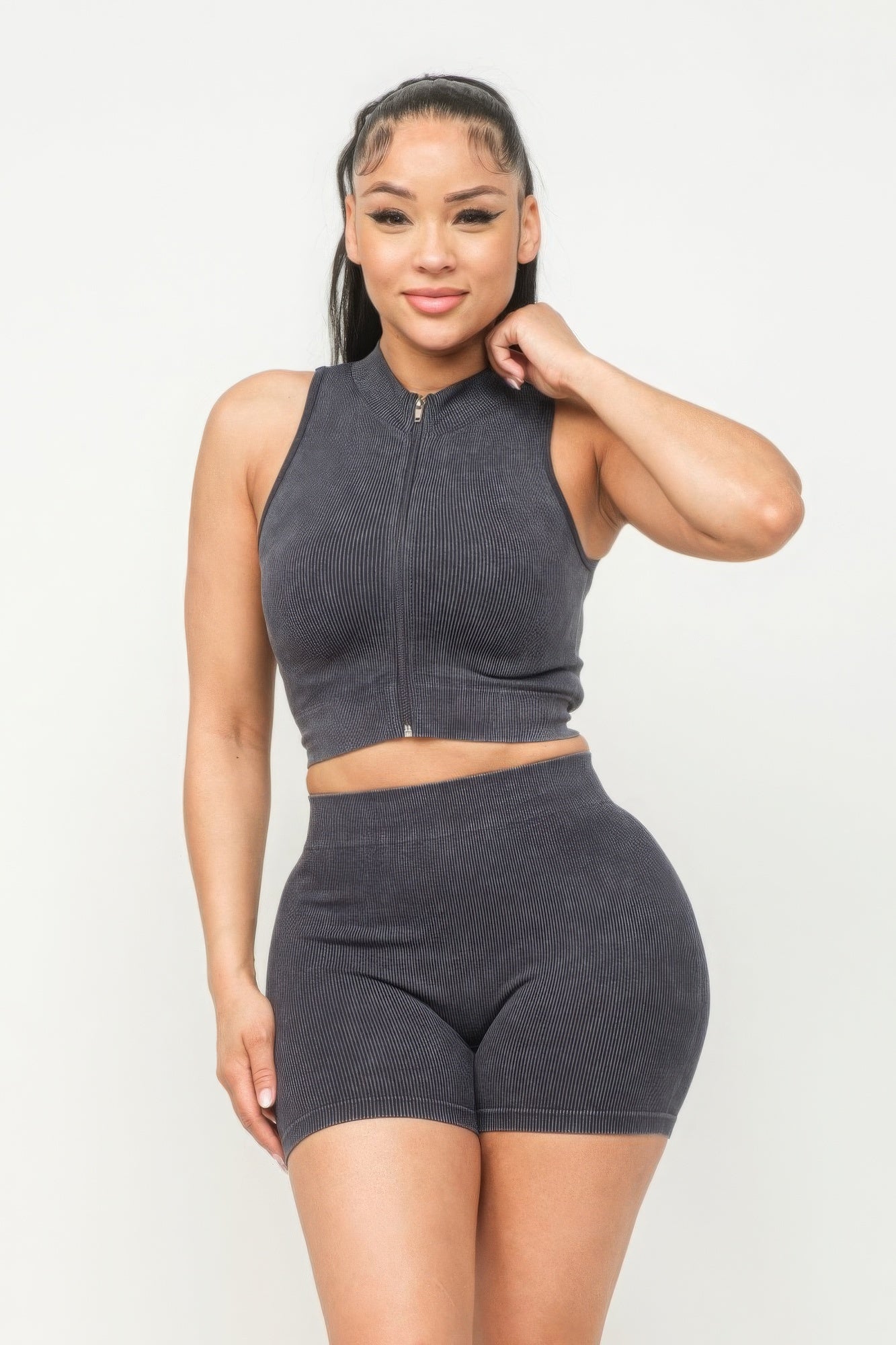 Comfy Peach Washed Seamless Zipper Top And Shorts Set
