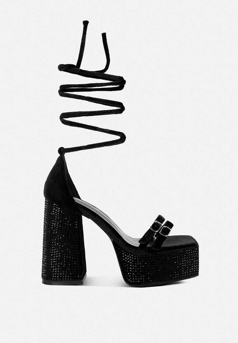 Diamante Princess Lace Up Velvet Platform Heels