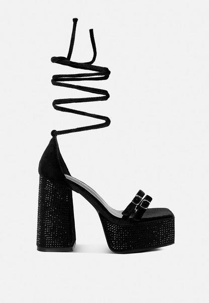 Diamante Princess Lace Up Velvet Platform Heels