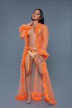 Penthouse Marabou Fur Trim Sheer Open Front Long Robe